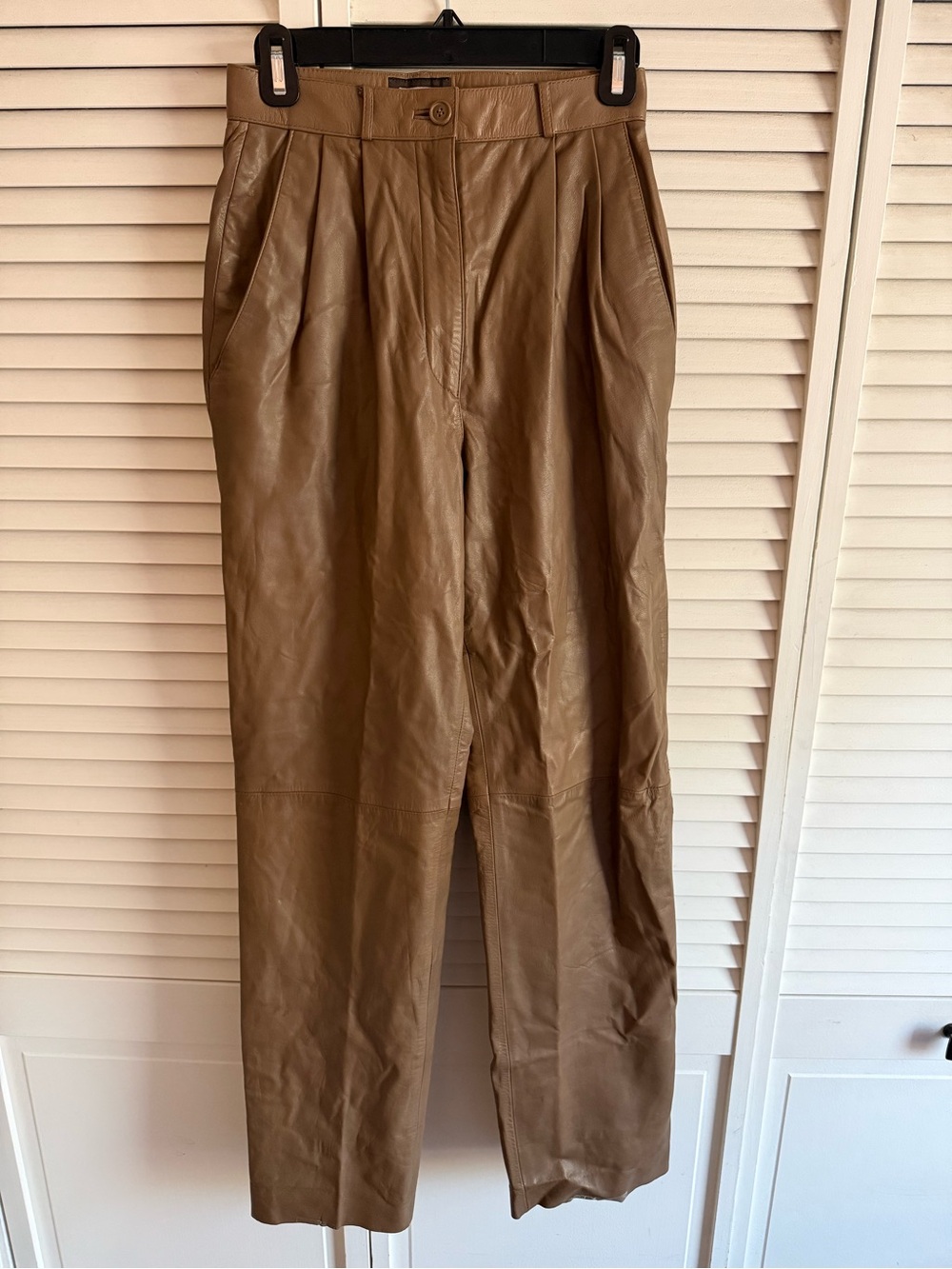 Vintage, High-Rise, Tan Leather Pleated Pants